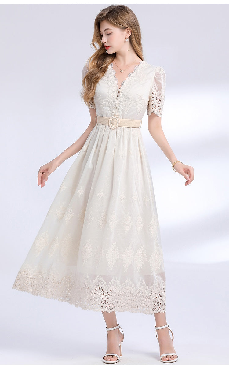 CM-DY049844 Women Elegant European Style V-Neck Short Sleeve High Waist Mid-Length Dress (Available in 3 colors)