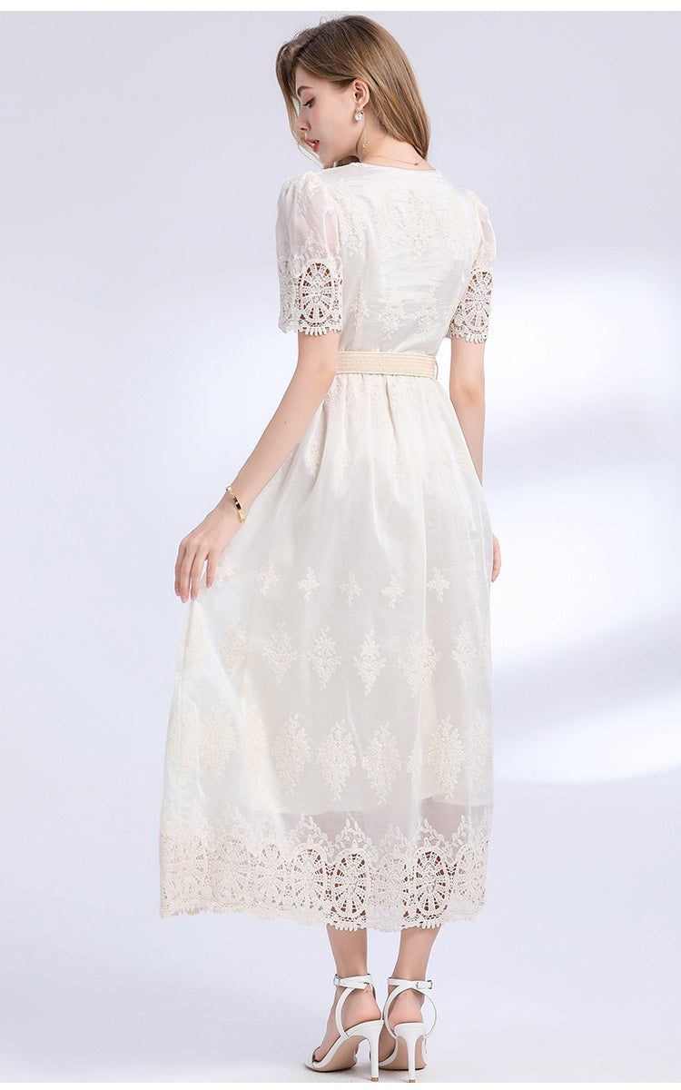 CM-DY049844 Women Elegant European Style V-Neck Short Sleeve High Waist Mid-Length Dress (Available in 3 colors)