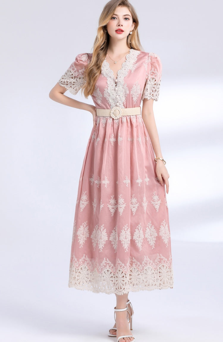 CM-DY049844 Women Elegant European Style V-Neck Short Sleeve High Waist Mid-Length Dress (Available in 3 colors)