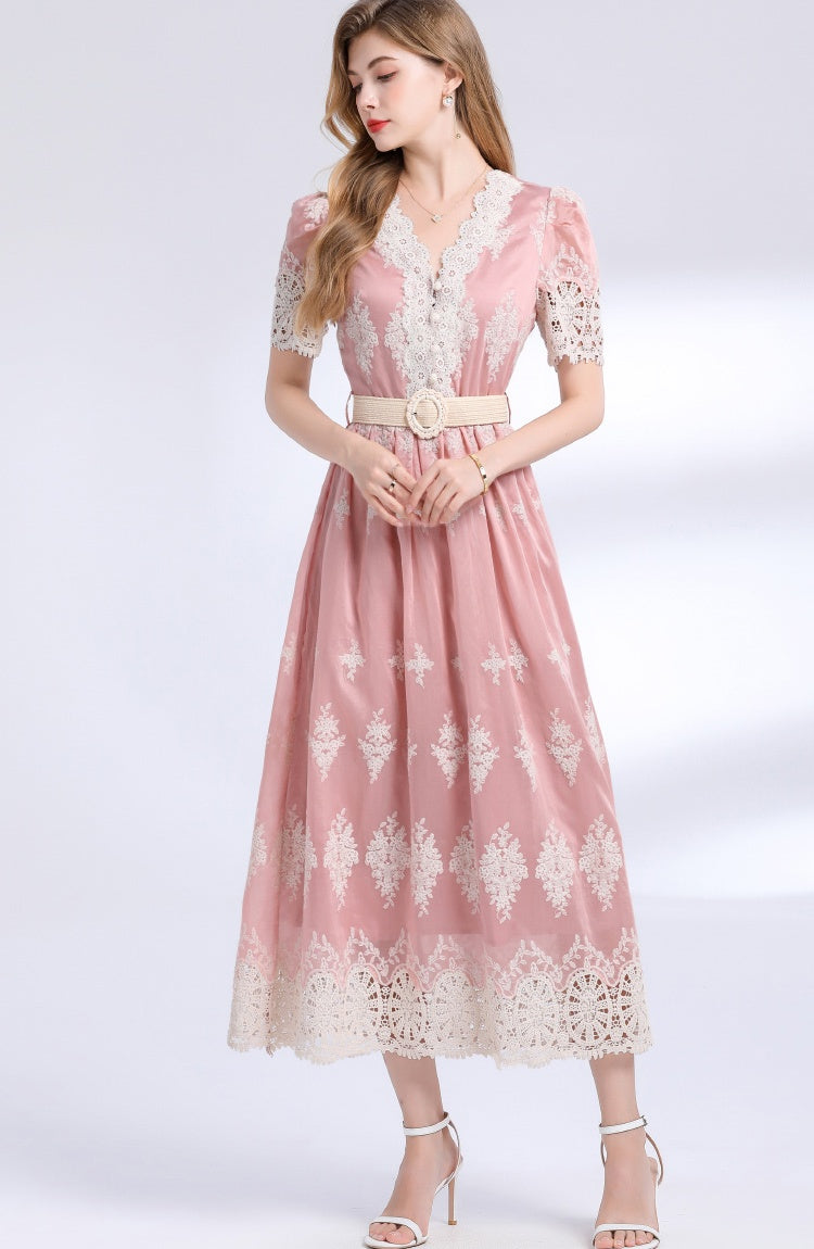 CM-DY049844 Women Elegant European Style V-Neck Short Sleeve High Waist Mid-Length Dress (Available in 3 colors)