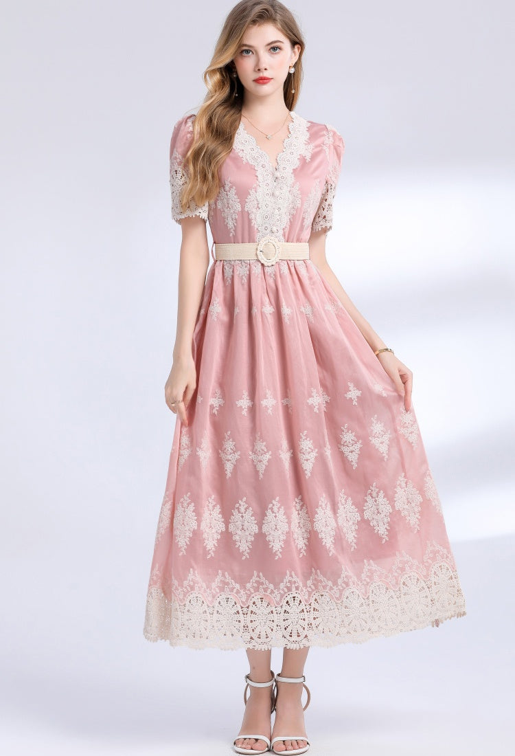 CM-DY049844 Women Elegant European Style V-Neck Short Sleeve High Waist Mid-Length Dress (Available in 3 colors)