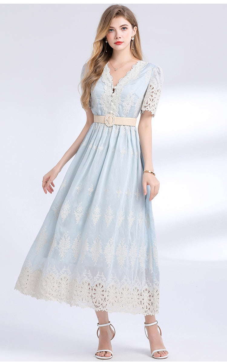 CM-DY049844 Women Elegant European Style V-Neck Short Sleeve High Waist Mid-Length Dress (Available in 3 colors)