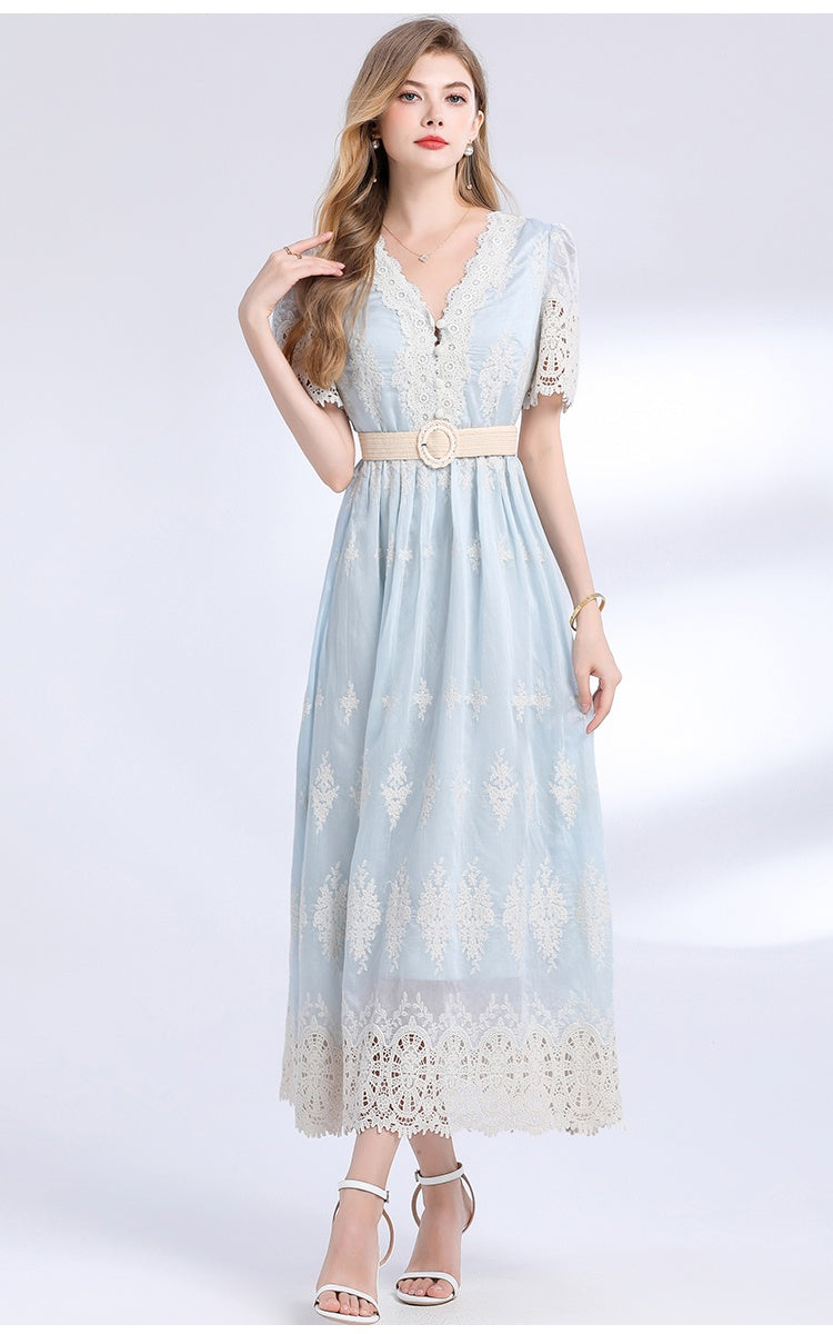 CM-DY049844 Women Elegant European Style V-Neck Short Sleeve High Waist Mid-Length Dress (Available in 3 colors)