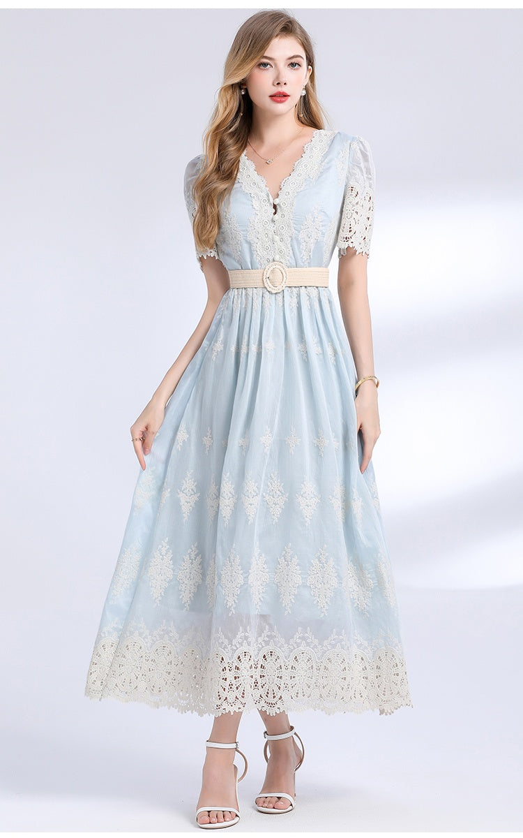 CM-DY049844 Women Elegant European Style V-Neck Short Sleeve High Waist Mid-Length Dress (Available in 3 colors)