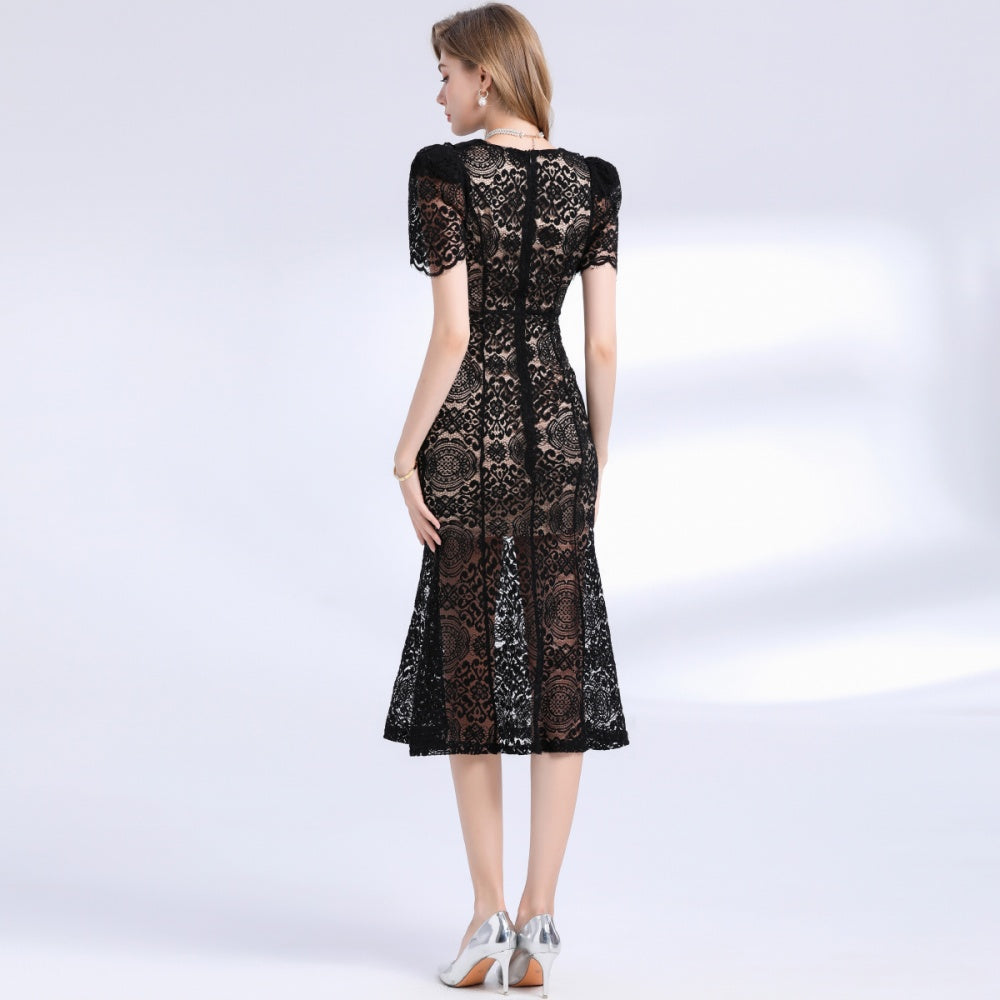 CM-DY049845 Women European Style V-Neck Short Sleeve Single-Breasted Mid-Length Dress - Black