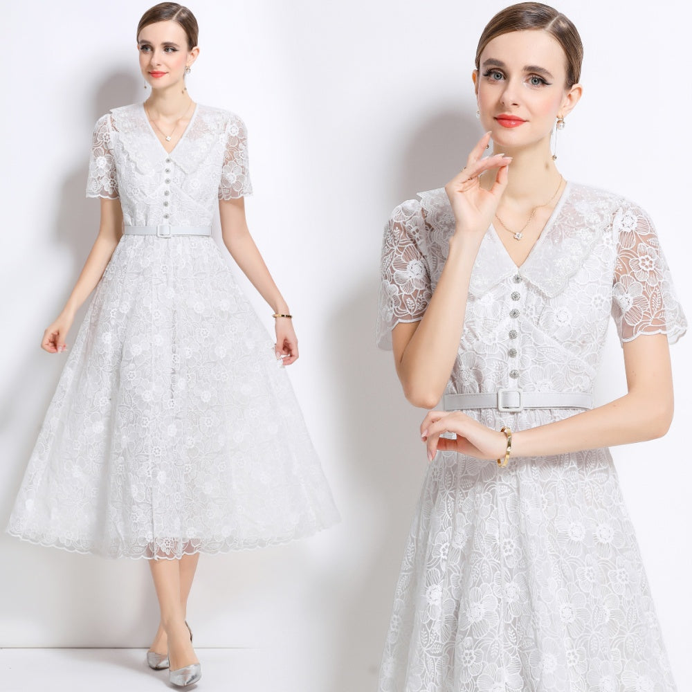 CM-DY049887 Women European Style Doll Collar Short Sleeve Pinched Waist Mid-Length Dress - White