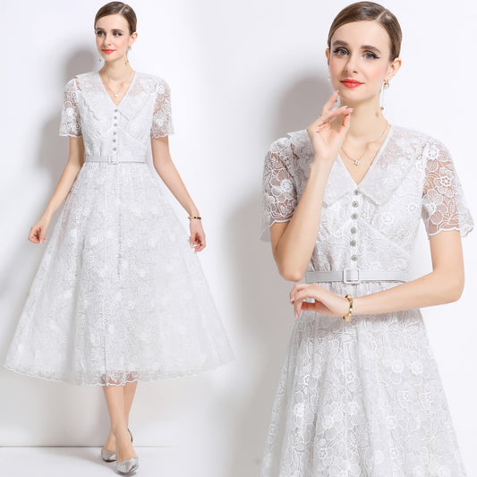 CM-DY049887 Women European Style Doll Collar Short Sleeve Pinched Waist Mid-Length Dress - White