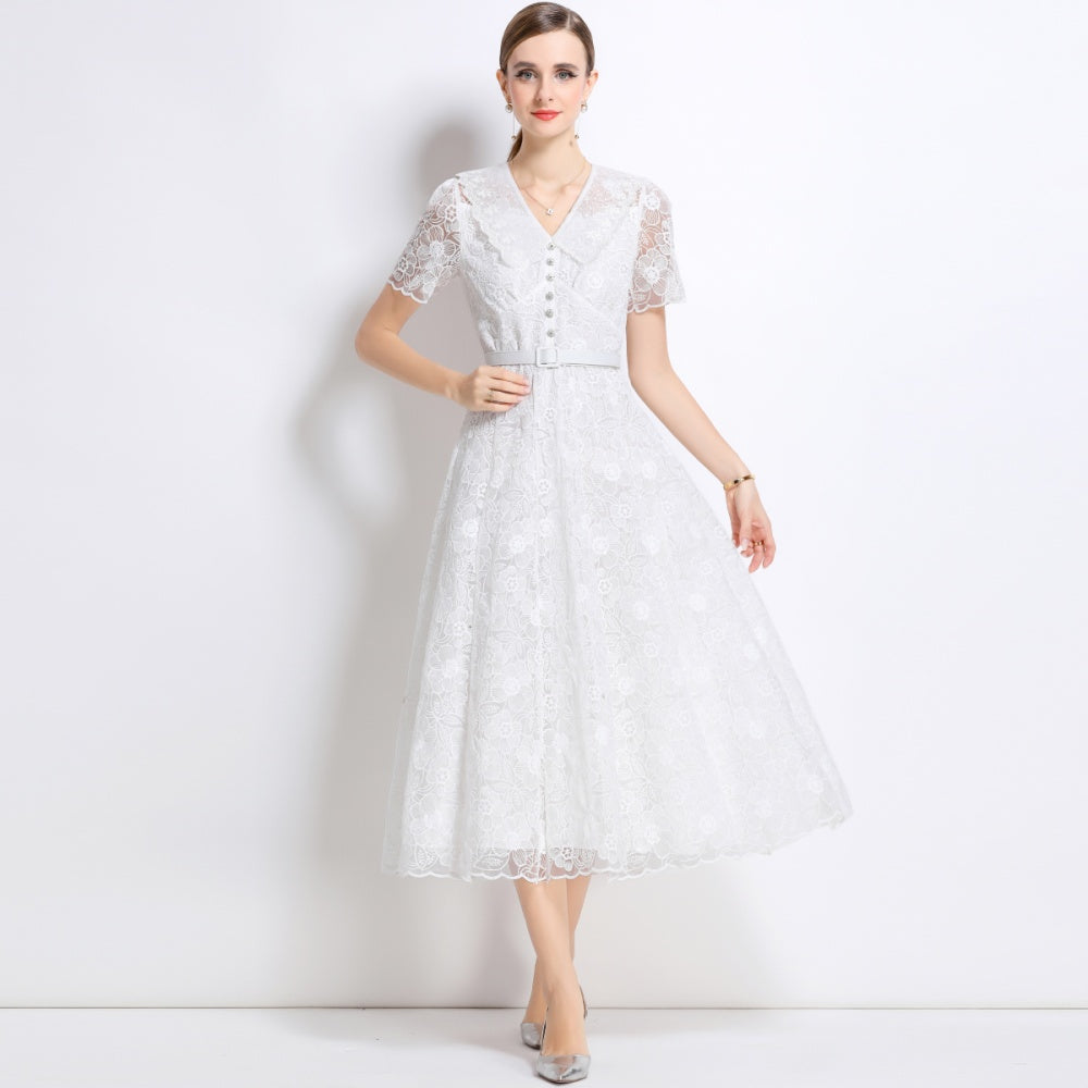 CM-DY049887 Women European Style Doll Collar Short Sleeve Pinched Waist Mid-Length Dress - White