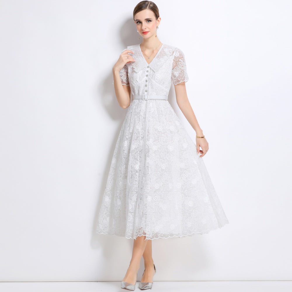 CM-DY049887 Women European Style Doll Collar Short Sleeve Pinched Waist Mid-Length Dress - White