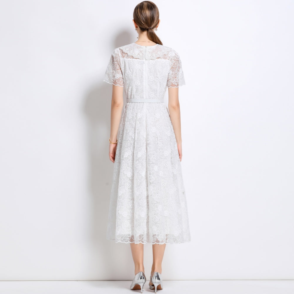 CM-DY049887 Women European Style Doll Collar Short Sleeve Pinched Waist Mid-Length Dress - White