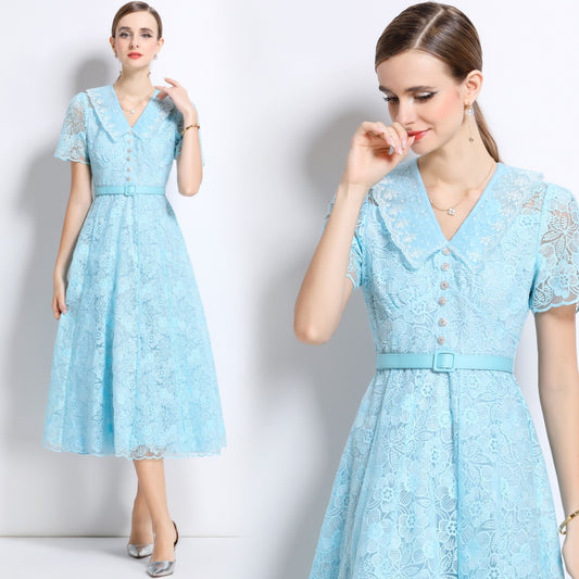 CM-DY049888 Women European Style Doll Collar Short Sleeve Pinched Waist Mid-Length Dress - Blue