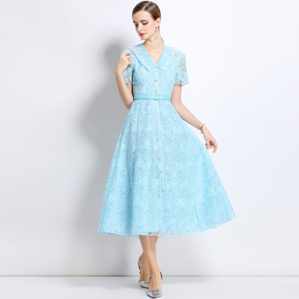 CM-DY049888 Women European Style Doll Collar Short Sleeve Pinched Waist Mid-Length Dress - Blue