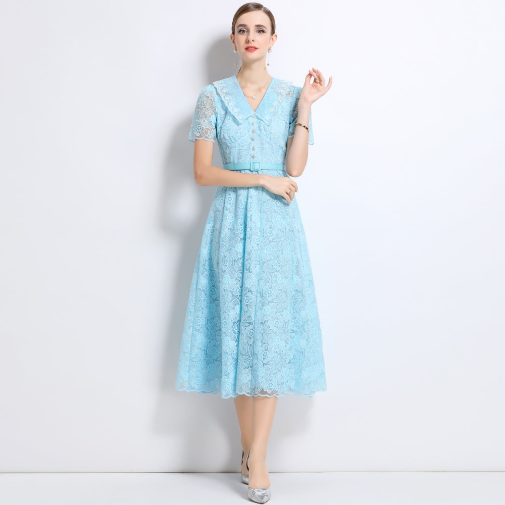 CM-DY049888 Women European Style Doll Collar Short Sleeve Pinched Waist Mid-Length Dress - Blue