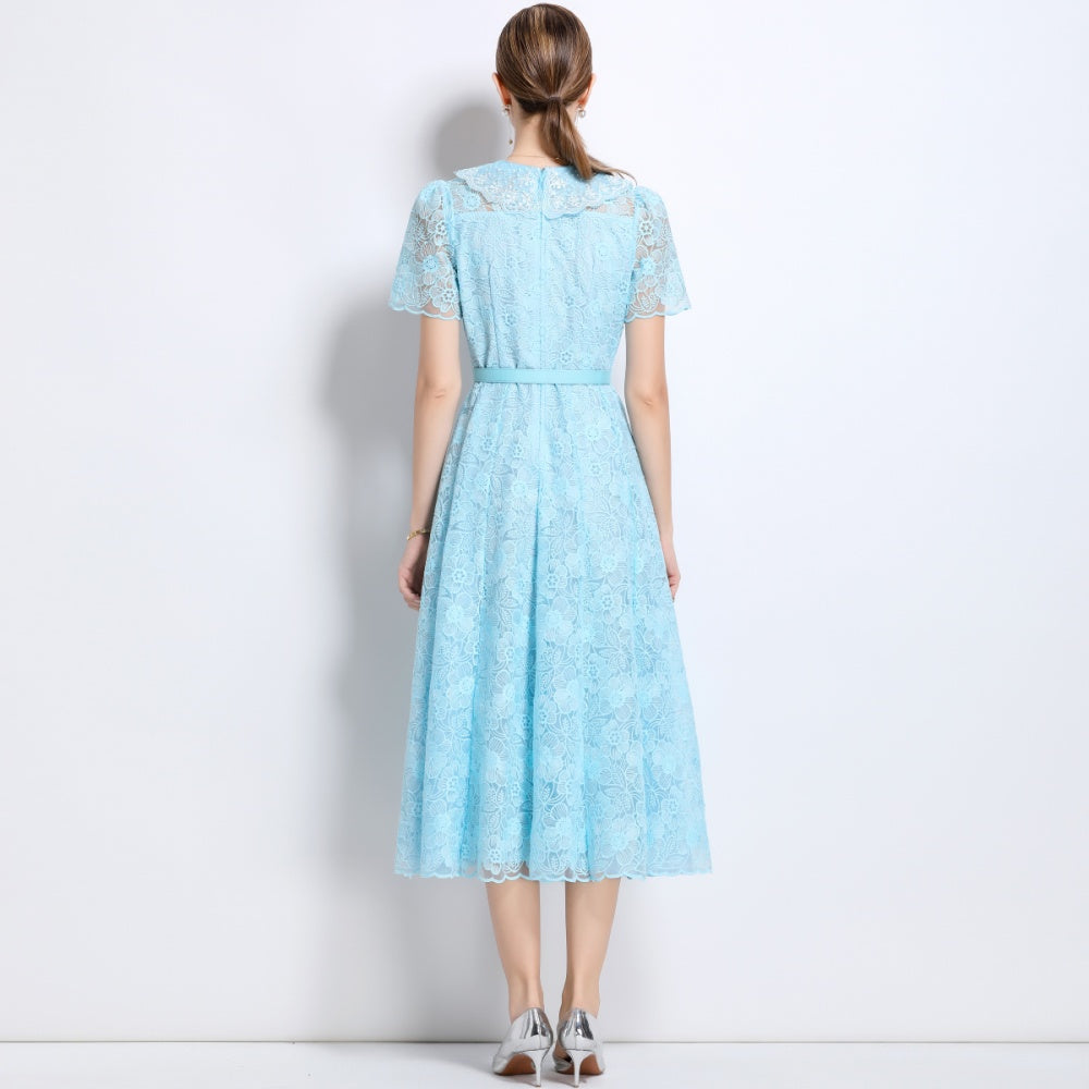 CM-DY049888 Women European Style Doll Collar Short Sleeve Pinched Waist Mid-Length Dress - Blue
