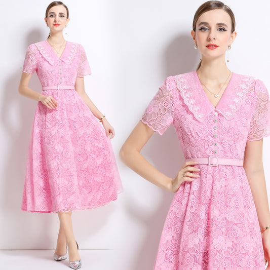 CM-DY049889 Women European Style Doll Collar Short Sleeve Pinched Waist Mid-Length Dress - Pink