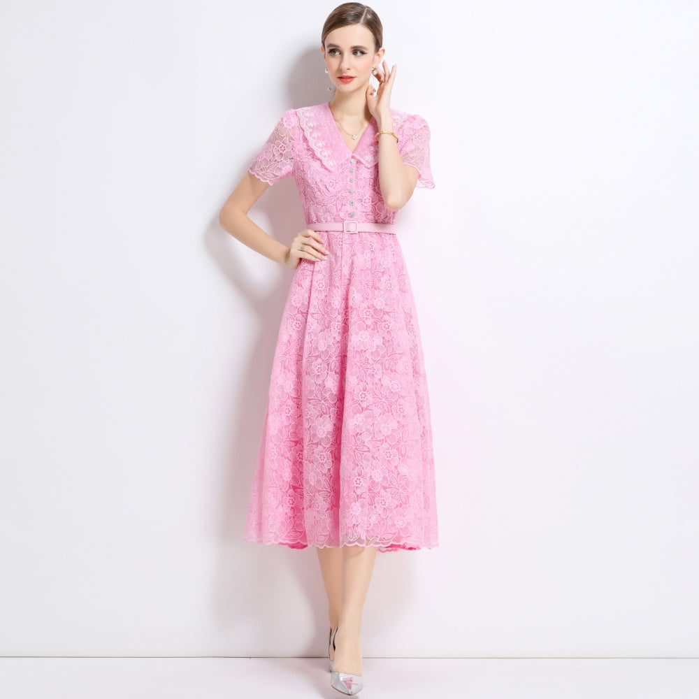 CM-DY049889 Women European Style Doll Collar Short Sleeve Pinched Waist Mid-Length Dress - Pink