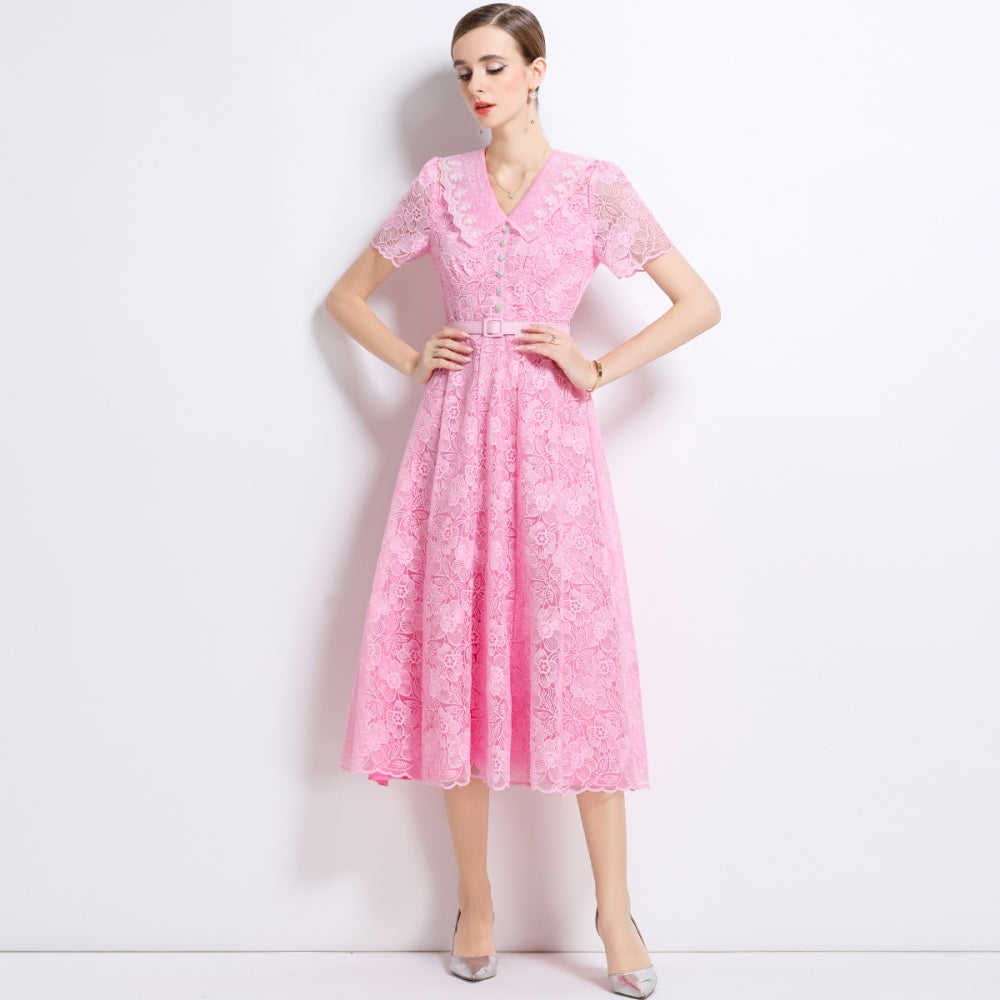 CM-DY049889 Women European Style Doll Collar Short Sleeve Pinched Waist Mid-Length Dress - Pink