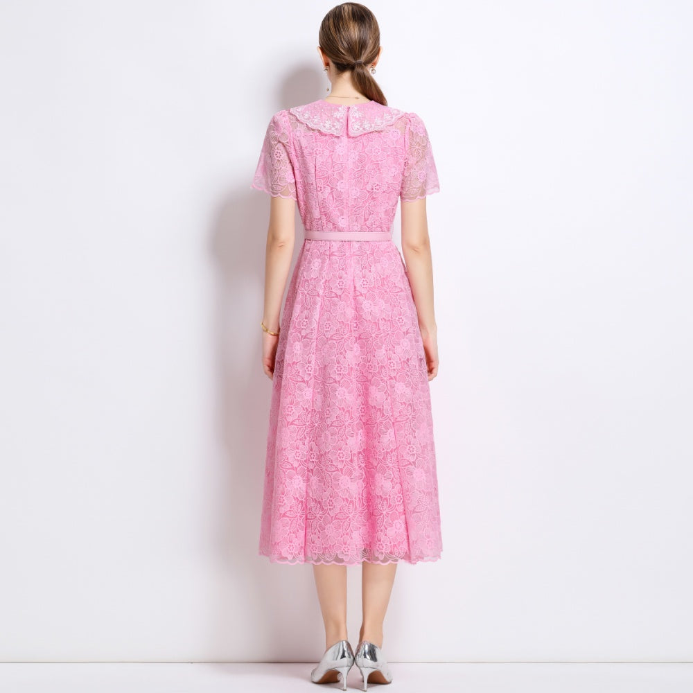 CM-DY049889 Women European Style Doll Collar Short Sleeve Pinched Waist Mid-Length Dress - Pink