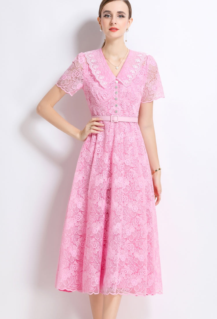 CM-DY049889 Women European Style Doll Collar Short Sleeve Pinched Waist Mid-Length Dress - Pink