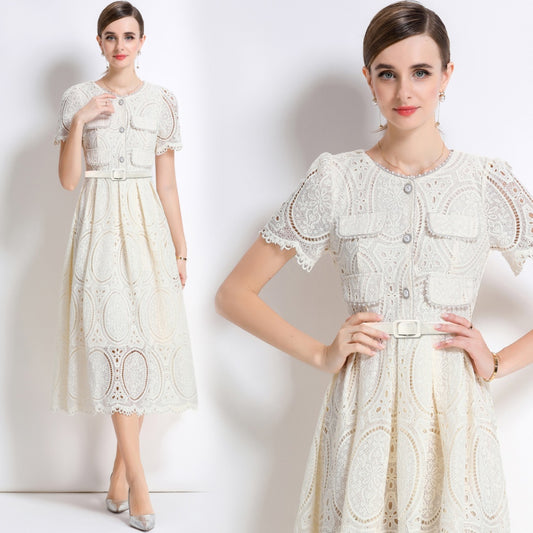 CM-DY049890 Women Elegant European Style Round Neck Short Sleeve Lace Belted Mid-Length Dress - Apricot
