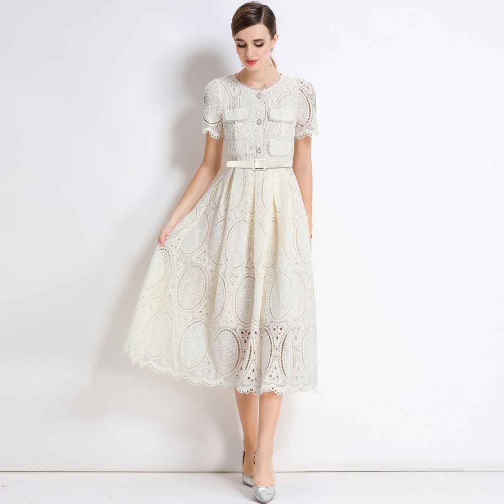 CM-DY049890 Women Elegant European Style Round Neck Short Sleeve Lace Belted Mid-Length Dress - Apricot
