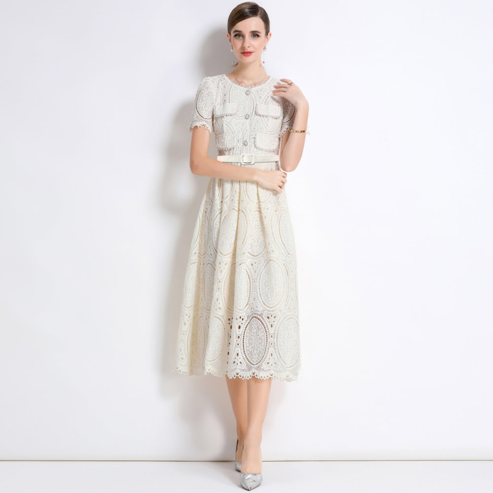 CM-DY049890 Women Elegant European Style Round Neck Short Sleeve Lace Belted Mid-Length Dress - Apricot