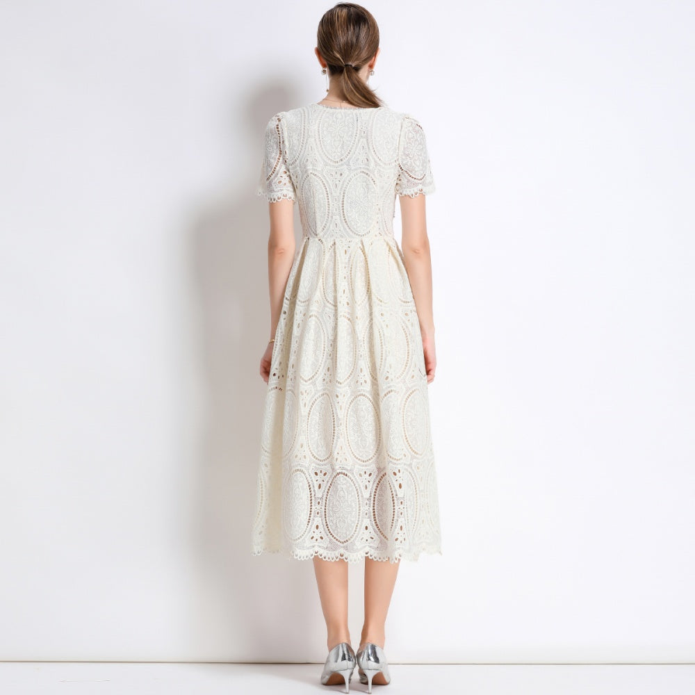 CM-DY049890 Women Elegant European Style Round Neck Short Sleeve Lace Belted Mid-Length Dress - Apricot