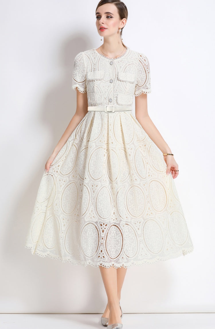 CM-DY049890 Women Elegant European Style Round Neck Short Sleeve Lace Belted Mid-Length Dress - Apricot