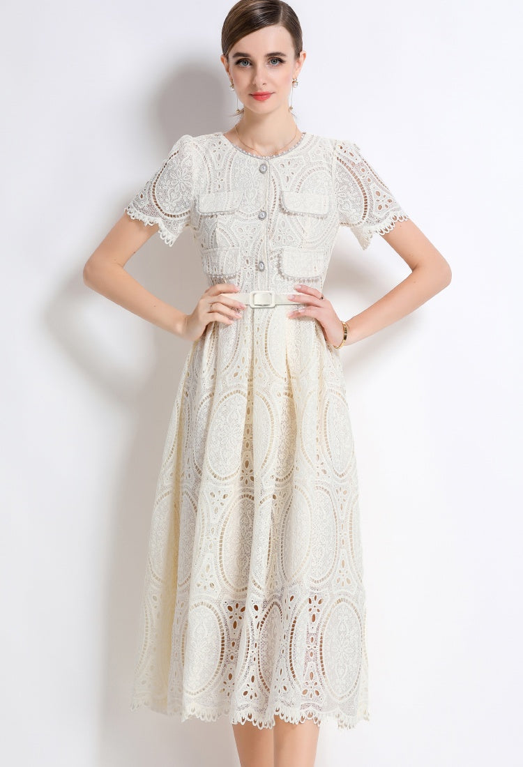 CM-DY049890 Women Elegant European Style Round Neck Short Sleeve Lace Belted Mid-Length Dress - Apricot