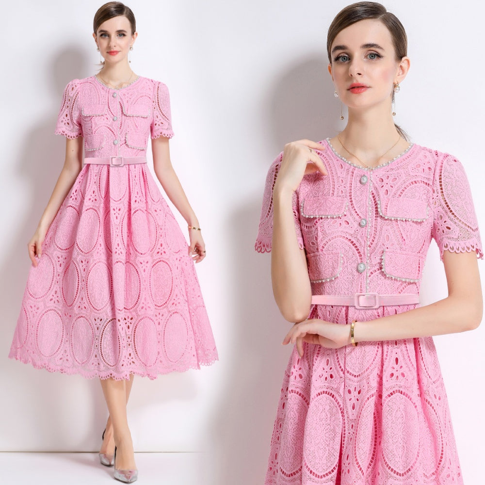 CM-DY049891 Women Elegant European Style Round Neck Short Sleeve Lace Belted Mid-Length Dress - Pink