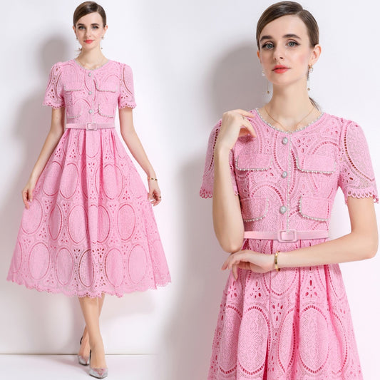 CM-DY049891 Women Elegant European Style Round Neck Short Sleeve Lace Belted Mid-Length Dress - Pink