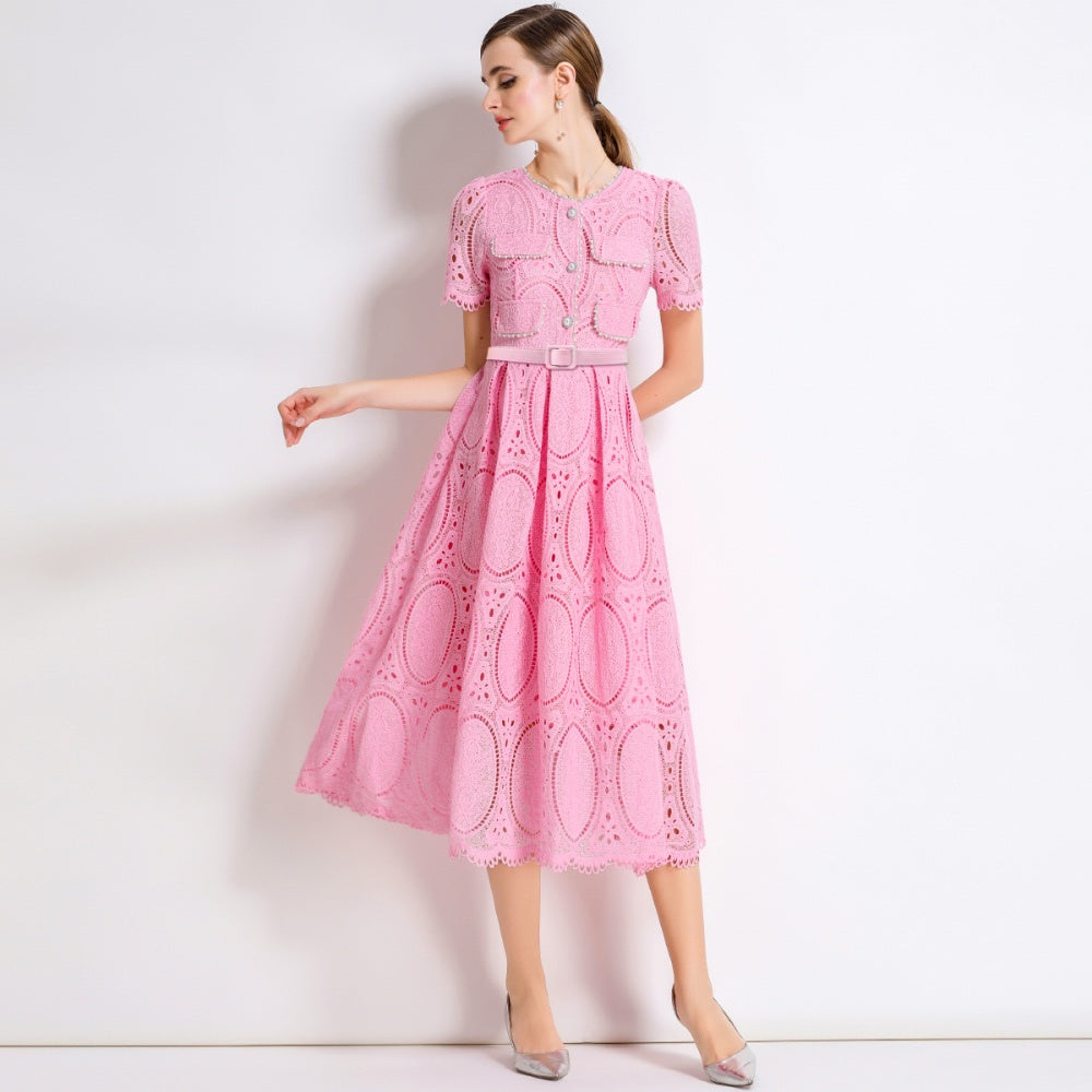 CM-DY049891 Women Elegant European Style Round Neck Short Sleeve Lace Belted Mid-Length Dress - Pink