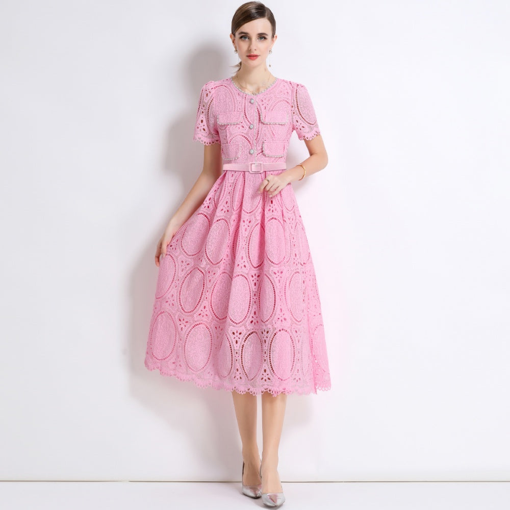 CM-DY049891 Women Elegant European Style Round Neck Short Sleeve Lace Belted Mid-Length Dress - Pink
