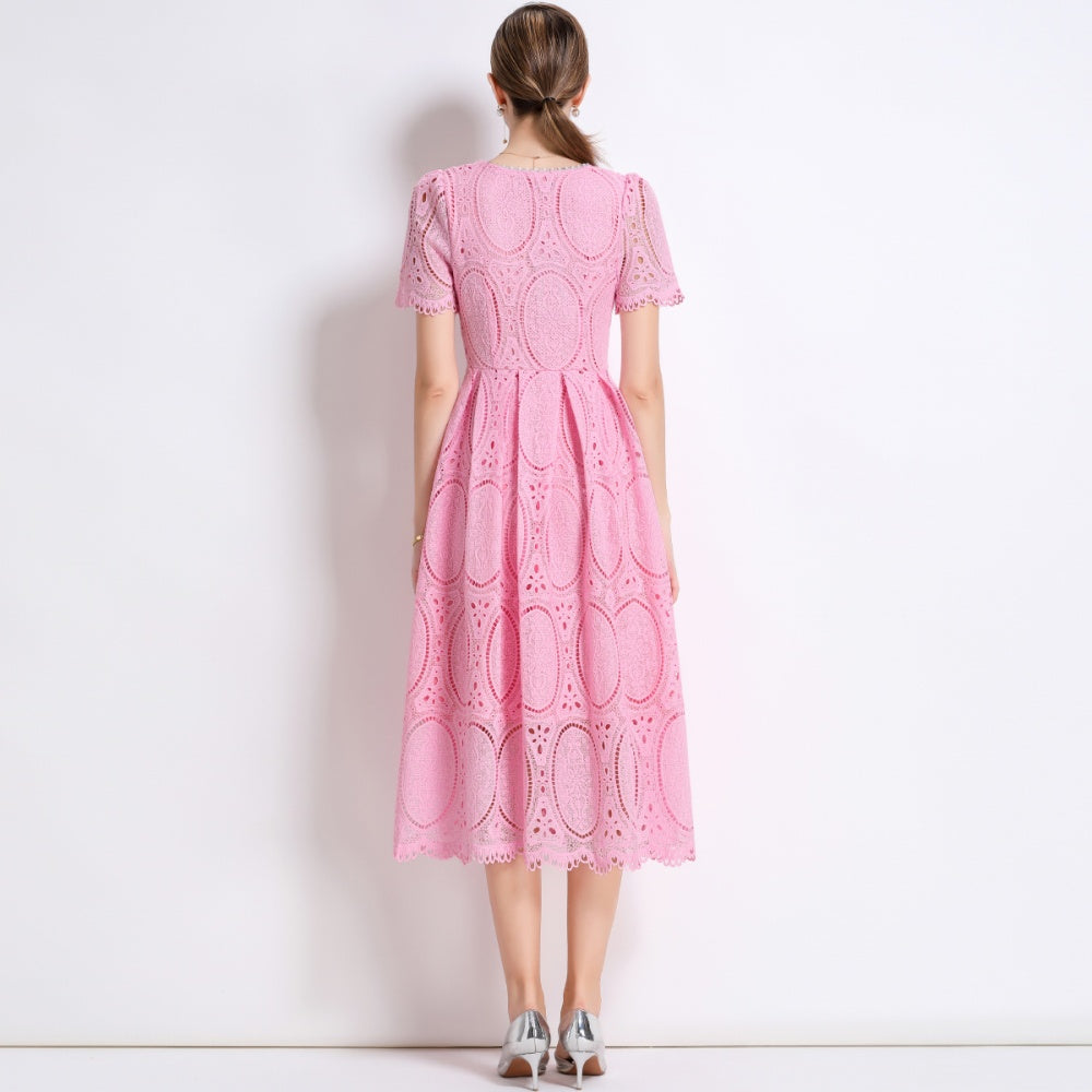 CM-DY049891 Women Elegant European Style Round Neck Short Sleeve Lace Belted Mid-Length Dress - Pink