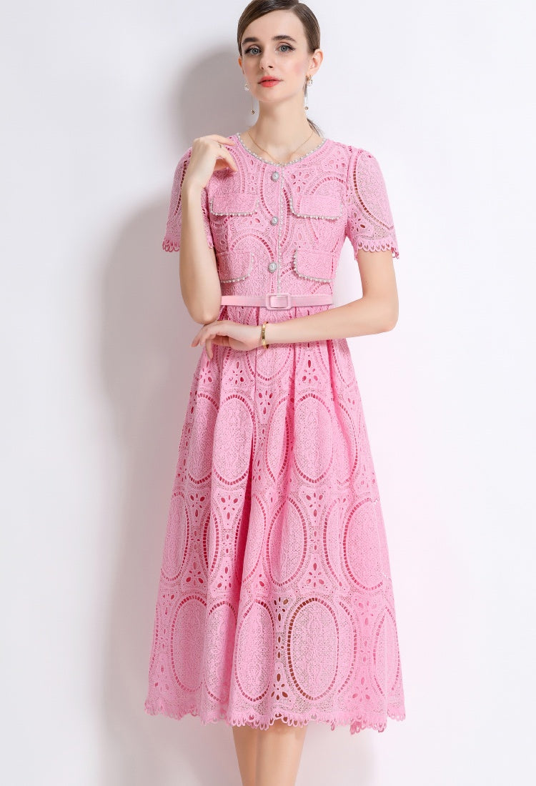 CM-DY049891 Women Elegant European Style Round Neck Short Sleeve Lace Belted Mid-Length Dress - Pink