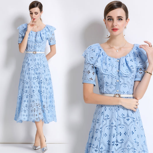 CM-DY049892 Women Elegant European Style Hollow Out Embroidery Short Sleeve Belted Mid-Length Lace Dress - Blue