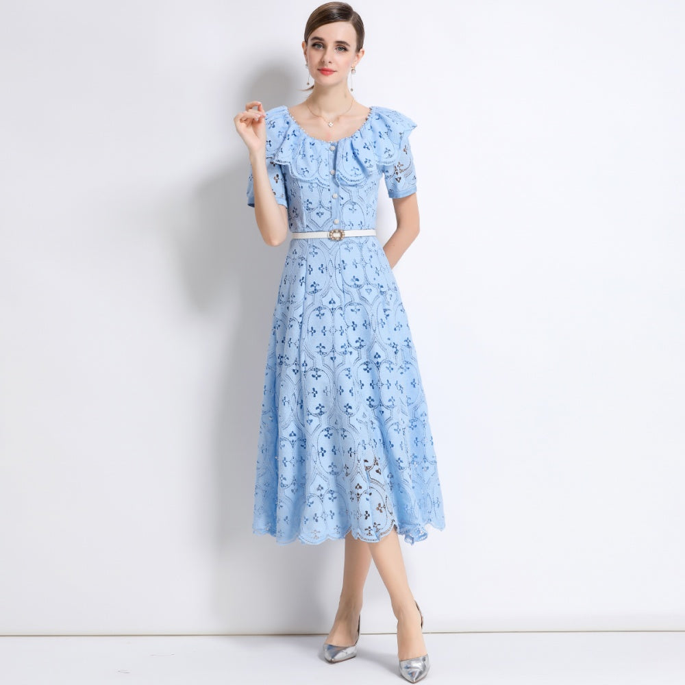 CM-DY049892 Women Elegant European Style Hollow Out Embroidery Short Sleeve Belted Mid-Length Lace Dress - Blue
