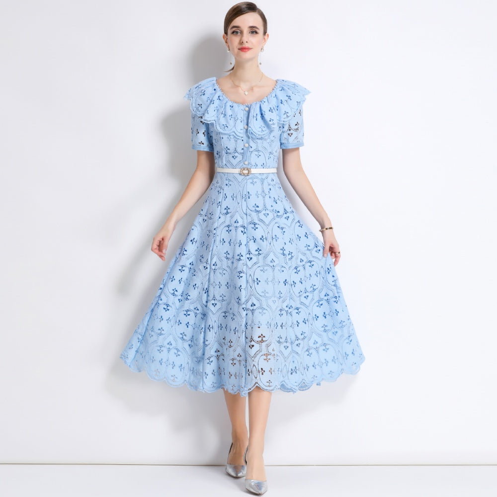 CM-DY049892 Women Elegant European Style Hollow Out Embroidery Short Sleeve Belted Mid-Length Lace Dress - Blue