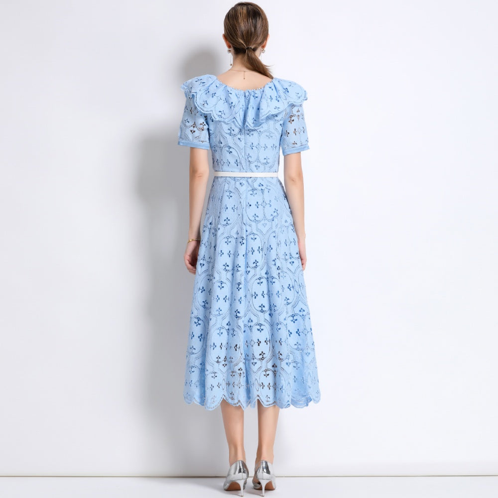 CM-DY049892 Women Elegant European Style Hollow Out Embroidery Short Sleeve Belted Mid-Length Lace Dress - Blue