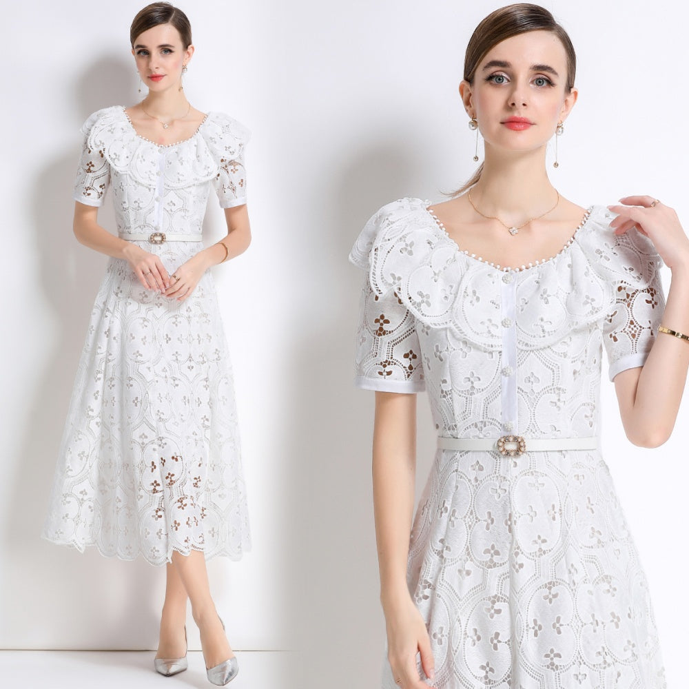CM-DY049893 Women Elegant European Style Hollow Out Embroidery Short Sleeve Belted Mid-Length Lace Dress - White