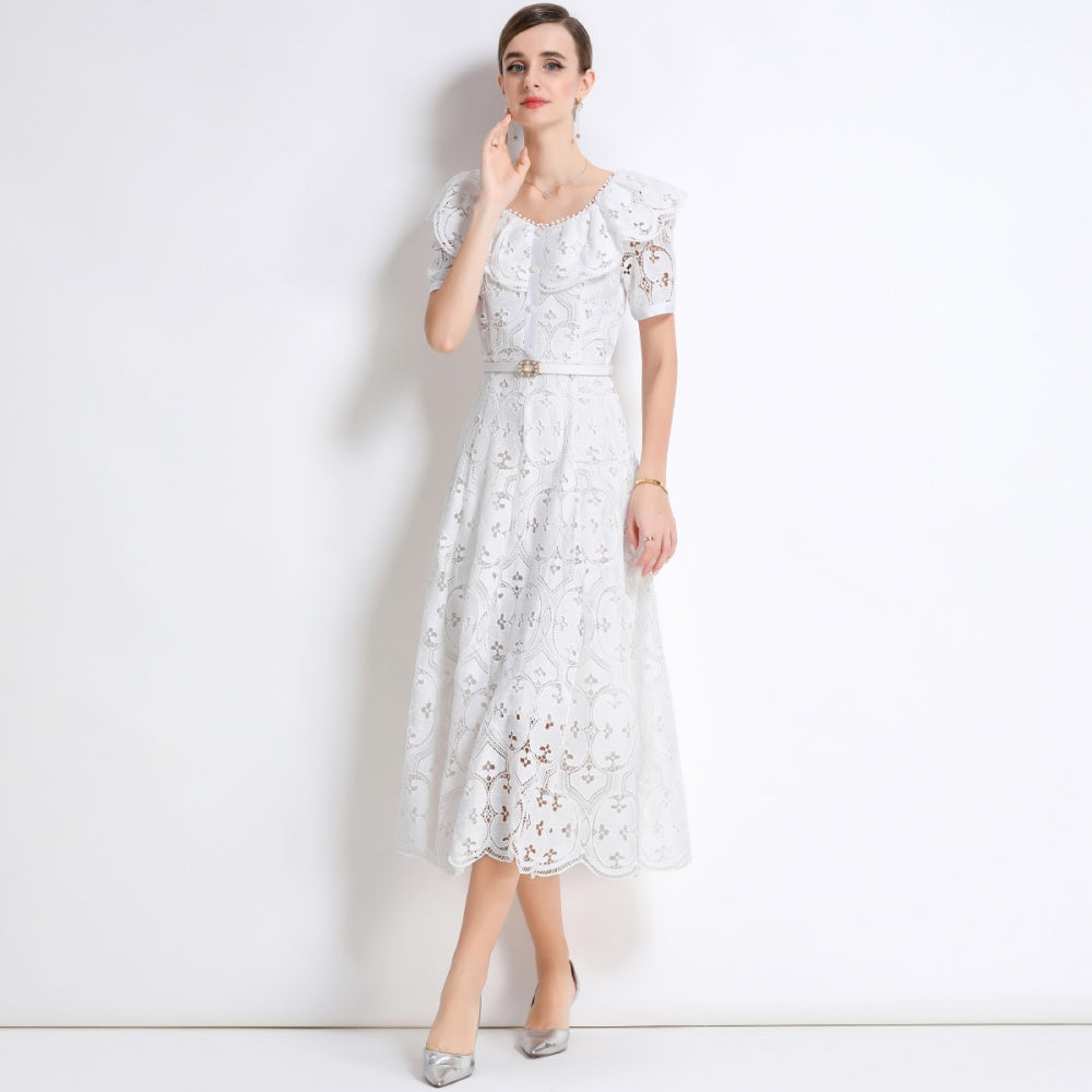 CM-DY049893 Women Elegant European Style Hollow Out Embroidery Short Sleeve Belted Mid-Length Lace Dress - White