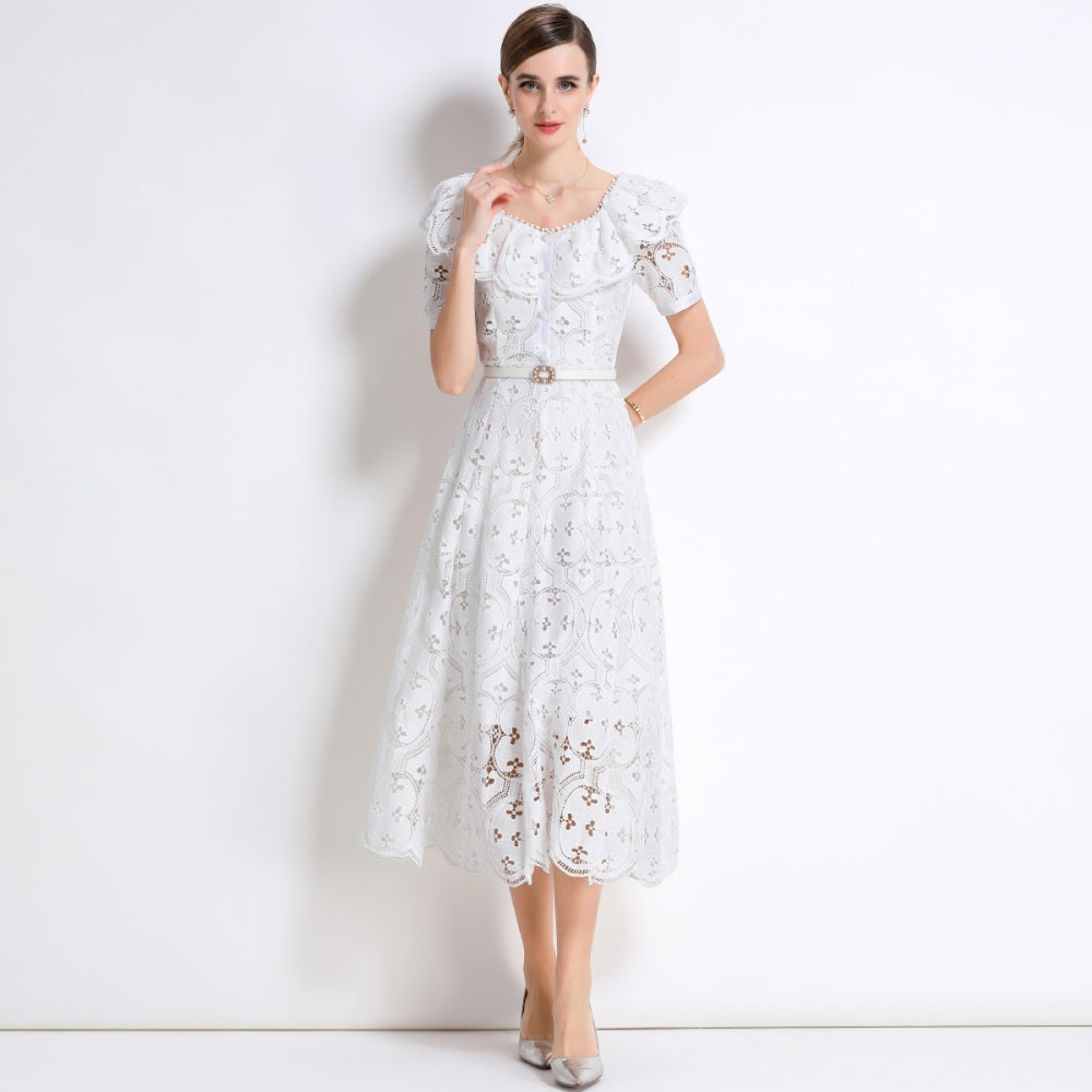 CM-DY049893 Women Elegant European Style Hollow Out Embroidery Short Sleeve Belted Mid-Length Lace Dress - White