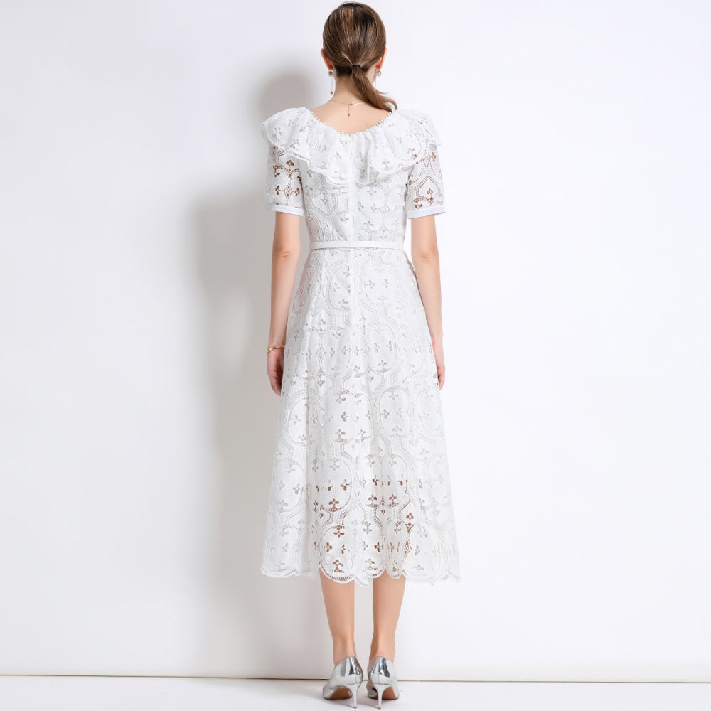 CM-DY049893 Women Elegant European Style Hollow Out Embroidery Short Sleeve Belted Mid-Length Lace Dress - White