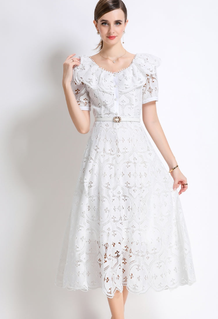 CM-DY049893 Women Elegant European Style Hollow Out Embroidery Short Sleeve Belted Mid-Length Lace Dress - White