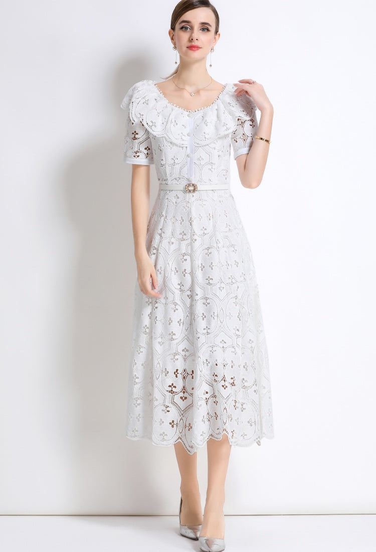 CM-DY049893 Women Elegant European Style Hollow Out Embroidery Short Sleeve Belted Mid-Length Lace Dress - White