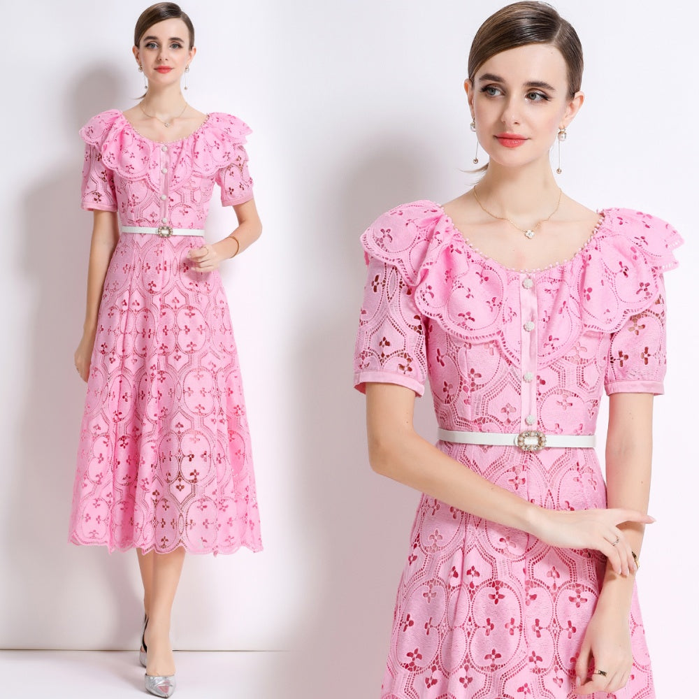 CM-DY049894 Women Elegant European Style Hollow Out Embroidery Short Sleeve Belted Mid-Length Lace Dress - Pink