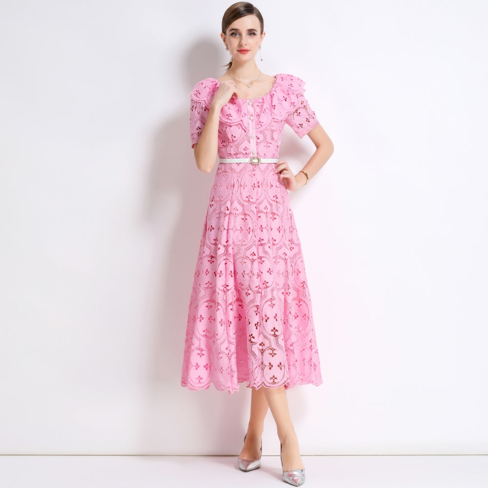 CM-DY049894 Women Elegant European Style Hollow Out Embroidery Short Sleeve Belted Mid-Length Lace Dress - Pink