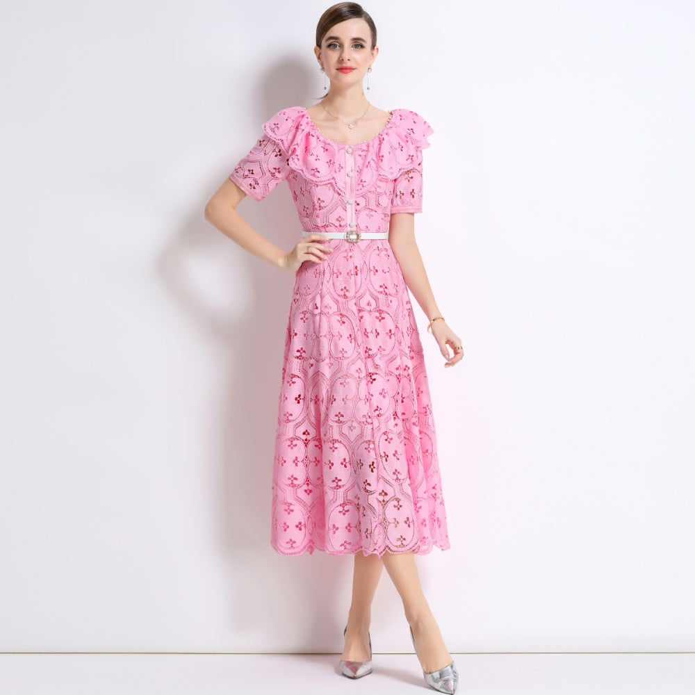 CM-DY049894 Women Elegant European Style Hollow Out Embroidery Short Sleeve Belted Mid-Length Lace Dress - Pink