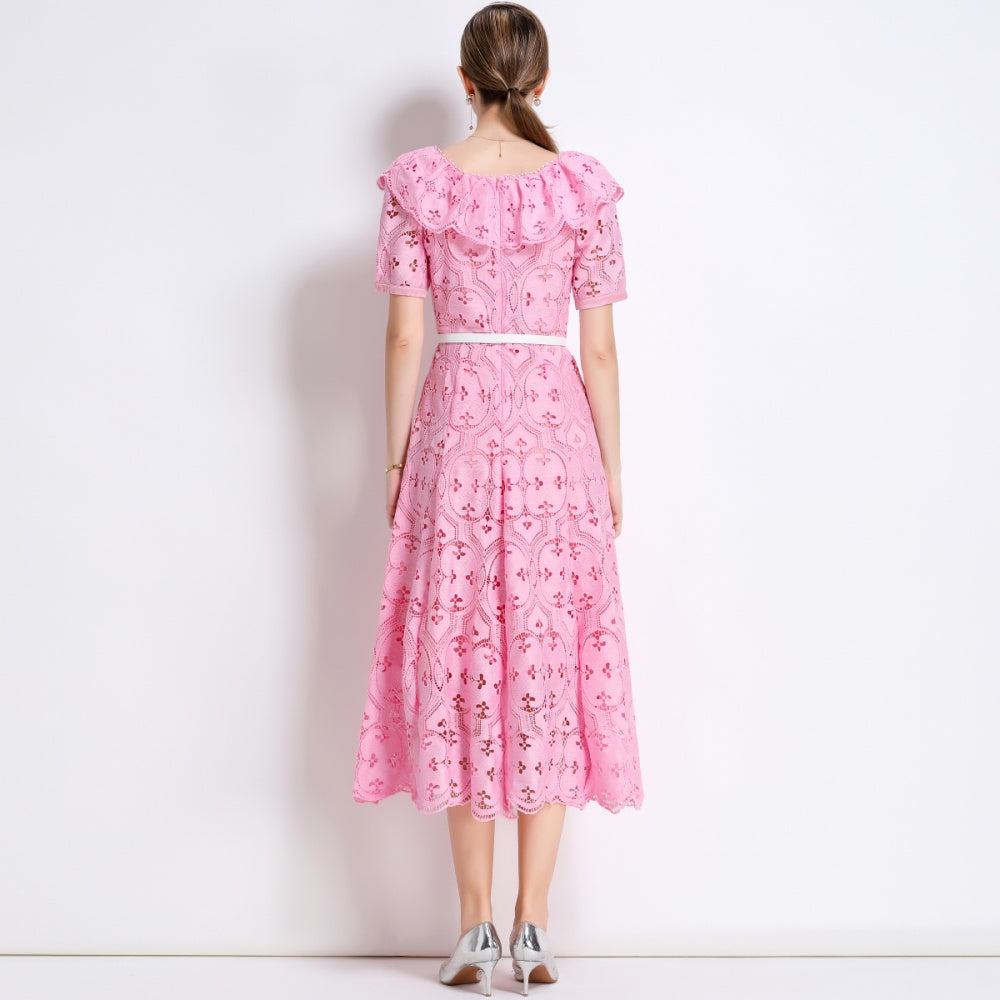 CM-DY049894 Women Elegant European Style Hollow Out Embroidery Short Sleeve Belted Mid-Length Lace Dress - Pink