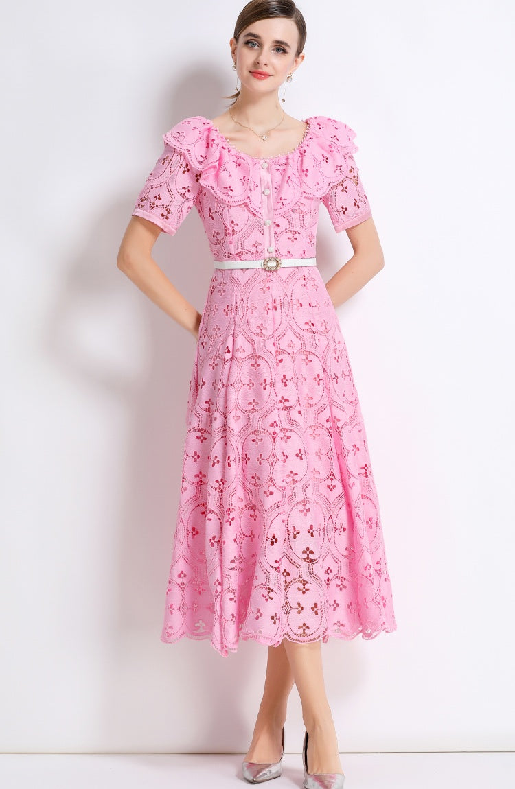CM-DY049894 Women Elegant European Style Hollow Out Embroidery Short Sleeve Belted Mid-Length Lace Dress - Pink
